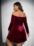 [Plus Size] Wine Red 1950s Velvet Off-Shoulder Dress