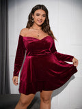 [Plus Size] Wine Red 1950s Velvet Off-Shoulder Dress