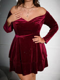 [Plus Size] Wine Red 1950s Velvet Off-Shoulder Dress