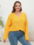 [Plus Size] Yellow 1960s V-Neck Tassel Loose Sweater