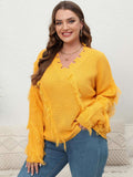 [Plus Size] Yellow 1960s V-Neck Tassel Loose Sweater