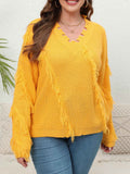 [Plus Size] Yellow 1960s V-Neck Tassel Loose Sweater