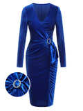[Pre-Sale] Dark Blue 1960s V-Neck Pleated Velvet Dress