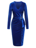 [Pre-Sale] Dark Blue 1960s V-Neck Pleated Velvet Dress
