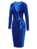 [Pre-Sale] Dark Blue 1960s V-Neck Pleated Velvet Dress