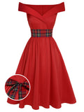 [Pre-Sale] Red 1950s Christmas Plaids Off-Shoulder Dress