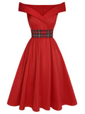 [Pre-Sale] Red 1950s Christmas Plaids Off-Shoulder Dress