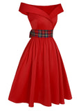 [Pre-Sale] Red 1950s Christmas Plaids Off-Shoulder Dress
