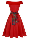 [Pre-Sale] Red 1950s Christmas Plaids Off-Shoulder Dress