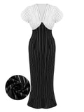 [Pre-Sale] Black&White 1930s Striped Deep V-Neck Patchwork Dress