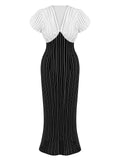 [Pre-Sale] Black&White 1930s Striped Deep V-Neck Patchwork Dress