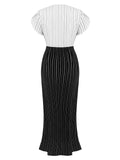 [Pre-Sale] Black&White 1930s Striped Deep V-Neck Patchwork Dress