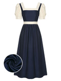 Navy Blue 1950s Square Neck Bubble Sleeve Dress