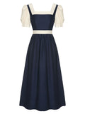 Navy Blue 1950s Square Neck Bubble Sleeve Dress