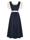 Navy Blue 1950s Square Neck Bubble Sleeve Dress