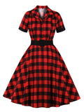 [Plus Size] Red & Black 1950s Plaid Lapel Dress With Belt