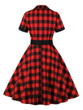 [Plus Size] Red & Black 1950s Plaid Lapel Dress With Belt