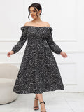 [Plus Size] 1930s Floral Off-Shoulder Long Sleeve Dress