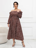 [Plus Size] 1930s Floral Off-Shoulder Long Sleeve Dress