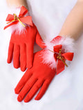 Red Christmas Bow Plush Bell Gloves