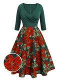 [Pre-Sale] Green 1950s V-Neck Floral Patchwork Dress