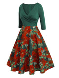 [Pre-Sale] Green 1950s V-Neck Floral Patchwork Dress