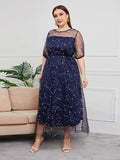 [Plus Size] Dark Blue 1930s Constellation Mesh Dress