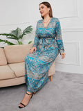 [Plus Size] Blue Green 1930s Paisley Printed V-Neck Dress