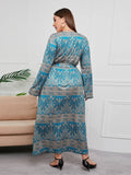 [Plus Size] Blue Green 1930s Paisley Printed V-Neck Dress