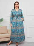 [Plus Size] Blue Green 1930s Paisley Printed V-Neck Dress