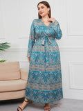 [Plus Size] Blue Green 1930s Paisley Printed V-Neck Dress