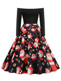 1950s Christmas Off-Shoulder Patchwork Dress