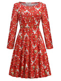 Red 1940s Christmas Reindeer Floral Dress