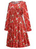 Red 1940s Christmas Reindeer Floral Dress