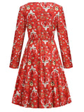 Red 1940s Christmas Reindeer Floral Dress