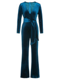 1930s Solid V-Neck Waist Tie Velvet Jumpsuit