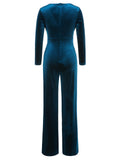 1930s Solid V-Neck Waist Tie Velvet Jumpsuit