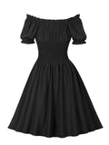 1950s Solid Smocked Waist Off-Shoulder Dress