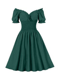 1950s Solid Smocked Waist Off-Shoulder Dress