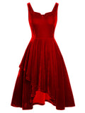 [Pre-Sale] Red 1950s Sweetheart Collar Velvet Strap Dress