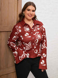 [Plus Size] Red 1960s Christmas Long Sleeve Blouse