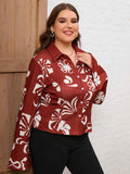 [Plus Size] Red 1960s Christmas Long Sleeve Blouse