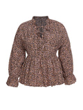 [Plus Size] 1940s Leopard Ruffles Long Sleeve Blouse