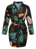 [Plus Size] Black 1960s Leaf Lapel Long-Sleeve Dress