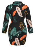 [Plus Size] Black 1960s Leaf Lapel Long-Sleeve Dress