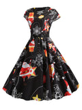 1950s Christmas Print Bow Patchwork Dress
