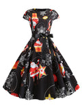 1950s Christmas Print Bow Patchwork Dress