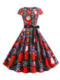 1950s Christmas Print Bow Patchwork Dress