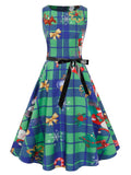 1950s Christmas Plaid Bow Sleeveless Dress