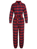 1930s Christmas Plaid Long Sleeved Lapel Jumpsuit
